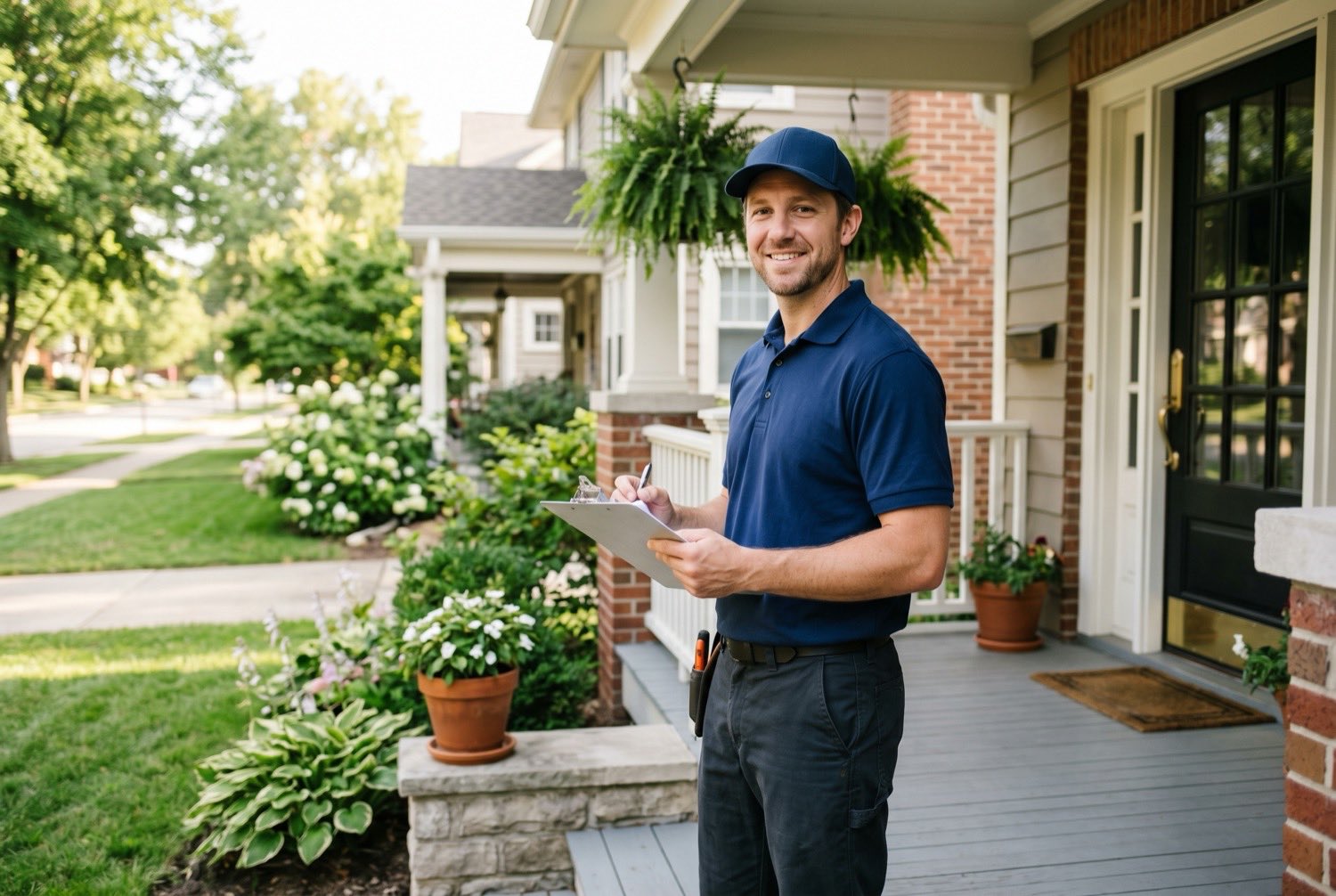 A Barnett Pest Solutions technician on a Highland-area front porch, clipboard in hand, ready to help