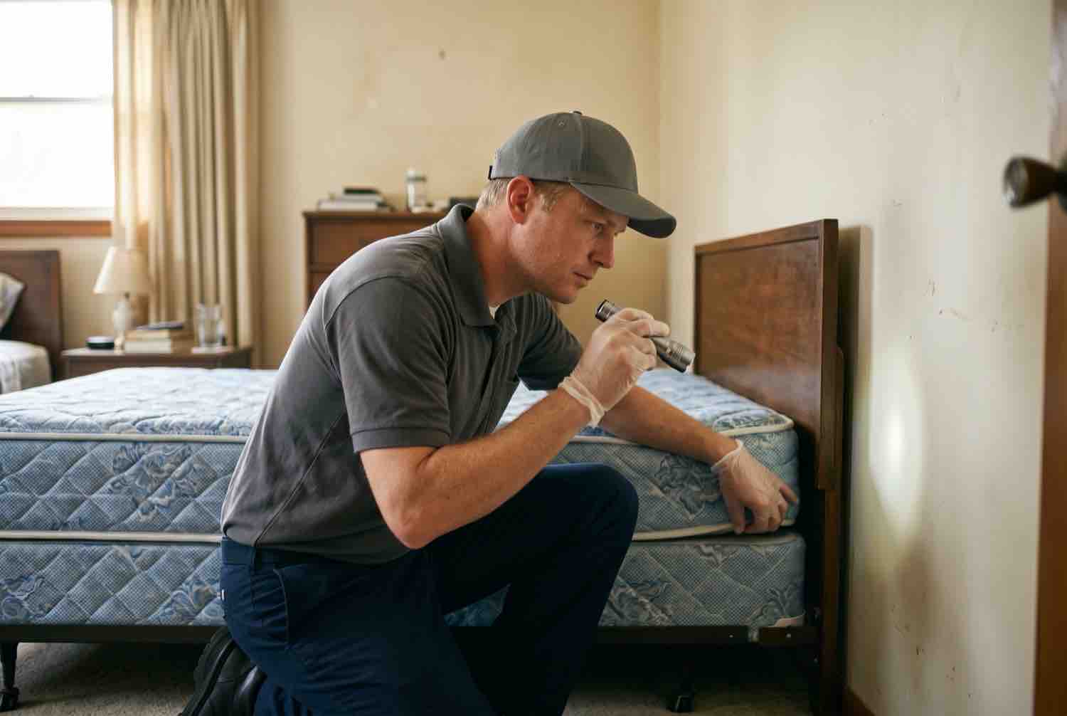 A pest control technician kneeling beside a bed, lifting the mattress and inspecting the seam and headboard with a flashlight for bed bugs