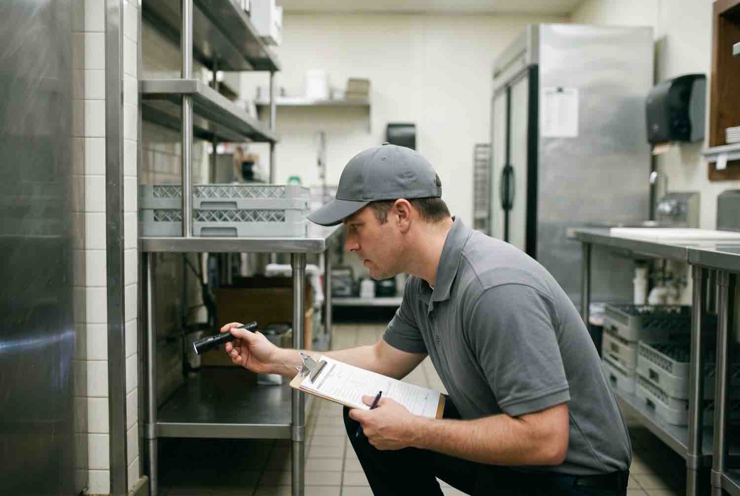 A pest control technician with a clipboard inspecting the base of stainless steel shelving in a commercial restaurant kitchen
