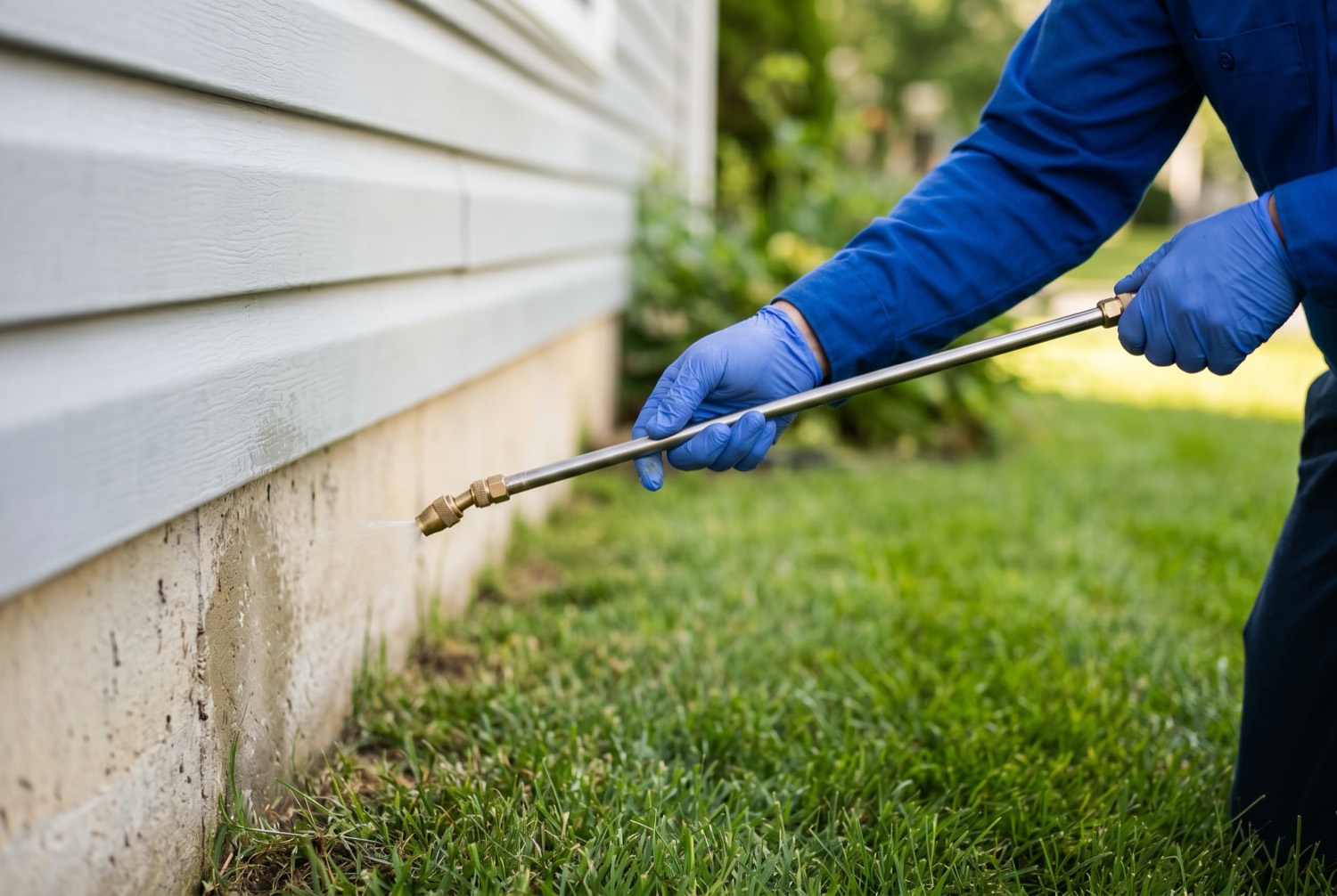Close-up of a Barnett Pest Solutions technician treating a home's foundation perimeter