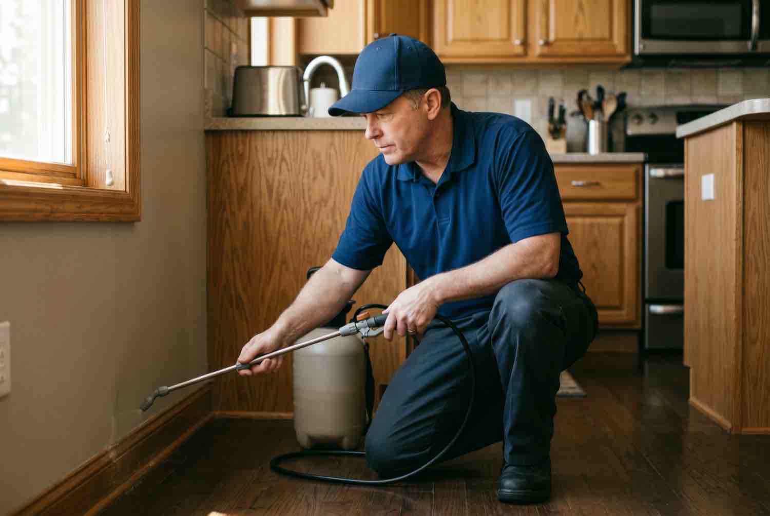 A pest control technician kneeling in a home kitchen and treating the interior baseboard along the wall with a handheld sprayer